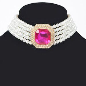 Multi Faux Pearl Chain Stone Choker